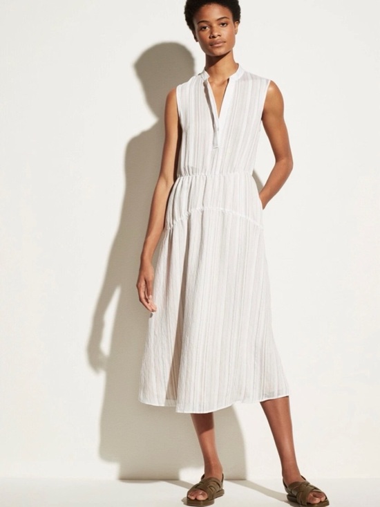 Vince Dresses & Skirts - Vince Drapey Stripe Tiered Dress Women's 14 Off White Sleeveless Midi Maxi